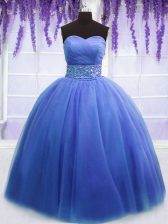 Inexpensive Blue Lace Up Sweetheart Beading and Belt Sweet 16 Dress Tulle Sleeveless