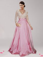  Long Sleeves Floor Length Beading and Belt Zipper Homecoming Dress with Pink And White