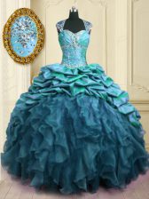 Artistic Teal Lace Up Sweetheart Beading and Ruffles and Pick Ups Ball Gown Prom Dress Organza and Taffeta Cap Sleeves Brush Train