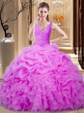 Enchanting Lilac Ball Gowns Sweetheart Sleeveless Organza Floor Length Backless Lace and Ruffles and Pick Ups Quinceanera Dress