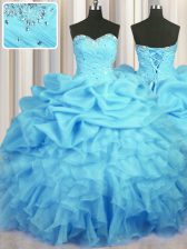 Best Selling Sweetheart Sleeveless Organza Quince Ball Gowns Beading and Ruffles and Ruching and Pick Ups Lace Up
