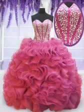 Shining Pink Ball Gowns Sweetheart Sleeveless Organza Sweep Train Lace Up Beading and Ruffles Sweet 16 Dress
