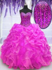 Decent Sweetheart Sleeveless Lace Up Sweet 16 Quinceanera Dress Fuchsia Organza