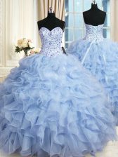 Modern Organza Sweetheart Sleeveless Lace Up Beading and Ruffles Ball Gown Prom Dress in Light Blue