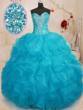  Aqua Blue Sleeveless Floor Length Beading Lace Up Sweet 16 Dresses