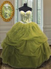  Olive Green Organza Lace Up Vestidos de Quinceanera Sleeveless Floor Length Sequins and Pick Ups