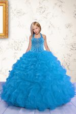 Modern Mermaid Aqua Blue Lace Up Halter Top Beading and Ruffles Kids Formal Wear Organza Sleeveless