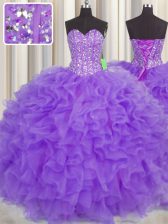 Inexpensive Visible Boning Floor Length Lavender Sweet 16 Quinceanera Dress Organza Sleeveless Lace and Ruffles and Sashes ribbons