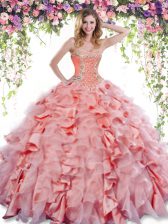  Sleeveless Floor Length Beading and Ruffles Lace Up Vestidos de Quinceanera with Watermelon Red