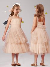 Dramatic Champagne A-line Tulle Straps Sleeveless Appliques and Ruffles and Bowknot Tea Length Zipper Flower Girl Dress
