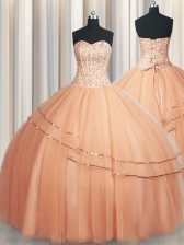 Luxurious Visible Boning Really Puffy Sleeveless Floor Length Beading and Ruching Lace Up 15th Birthday Dress with Peach