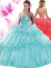  Floor Length Lace Up 15 Quinceanera Dress Aqua Blue for Military Ball and Sweet 16 and Quinceanera with Pick Ups