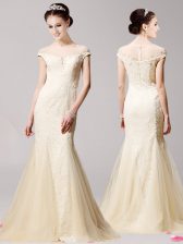  Mermaid Scoop Cap Sleeves Zipper Evening Dress Champagne Tulle