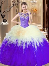 Exquisite Multi-color Tulle Backless High-neck Sleeveless Floor Length Quinceanera Gowns Beading and Ruffles