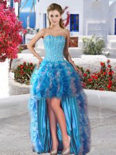 Great Beading and Ruffles Prom Gown Baby Blue Lace Up Sleeveless High Low