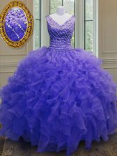  V-neck Sleeveless Zipper 15 Quinceanera Dress Purple Organza