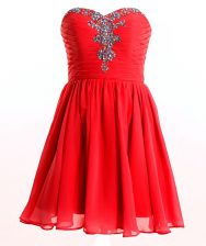Fabulous Red Empire Beading Prom Dresses Lace Up Chiffon Sleeveless Mini Length