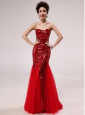  Mermaid Red Zipper Prom Dresses Sequins Sleeveless Floor Length