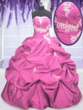  Floor Length Rose Pink Quince Ball Gowns Taffeta Sleeveless Appliques and Pick Ups