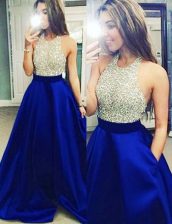 Modern Halter Top Royal Blue Sleeveless Floor Length Beading Backless Homecoming Dress