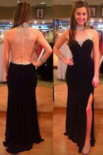 Pretty Halter Top Black Sleeveless Beading Floor Length Homecoming Dress