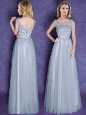  Scoop Grey Cap Sleeves Floor Length Appliques and Bowknot Lace Up Quinceanera Court of Honor Dress