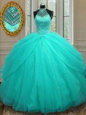 Custom Designed Halter Top Aqua Blue Tulle Lace Up 15 Quinceanera Dress Sleeveless Floor Length Beading