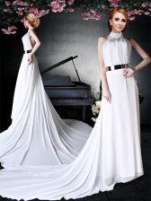  Halter Top White Chiffon Backless Prom Gown Sleeveless With Train Court Train Appliques and Belt