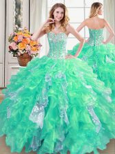  Floor Length Turquoise Quinceanera Gown Organza Sleeveless Beading and Ruffles and Sequins