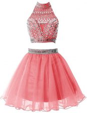 Nice Sleeveless Mini Length Beading Zipper Evening Dress with Watermelon Red