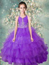  Lavender Little Girl Pageant Gowns Party and Wedding Party with Beading and Ruffled Layers Halter Top Sleeveless Zipper