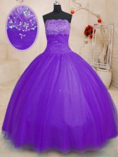 Unique Purple Tulle Lace Up Quinceanera Dress Sleeveless Floor Length Beading