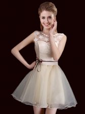 Fabulous Scoop Champagne Lace Up Dama Dress for Quinceanera Lace Sleeveless Mini Length