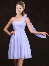  Chiffon One Shoulder Sleeveless Zipper Ruching and Hand Made Flower Court Dresses for Sweet 16 in Lavender