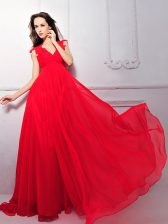 Cute Coral Red Empire Chiffon V-neck Sleeveless Lace Floor Length Zipper Evening Dress