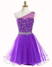 Traditional Purple Organza Zipper One Shoulder Sleeveless Mini Length Beading