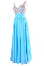  Aqua Blue V-neck Neckline Beading Sleeveless Zipper