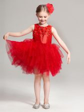 Pretty Scoop Appliques and Ruffles Flower Girl Dresses Red Zipper Sleeveless Mini Length