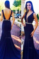 Luxurious Navy Blue Column/Sheath V-neck Sleeveless Elastic Woven Satin With Train Sweep Train Backless Beading Dress for Prom
