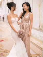 Amazing Floor Length Pink Prom Gown Sequined Sleeveless Sequins