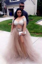 Cute Scoop Long Sleeves Sweep Train Beading Zipper Prom Evening Gown