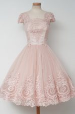 Elegant Baby Pink Cap Sleeves Lace Tea Length 
