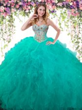 Lovely Ball Gowns 15th Birthday Dress Turquoise Sweetheart Tulle Sleeveless Floor Length Lace Up