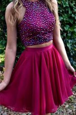  Halter Top Knee Length Fuchsia Prom Evening Gown Chiffon Sleeveless Beading