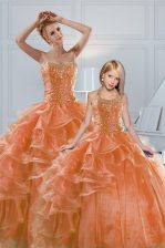 High Class Orange Organza Lace Up Sweetheart Sleeveless 15th Birthday Dress Beading and Ruffled Layers