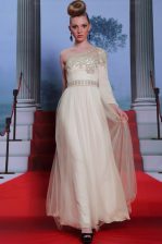 Flare Champagne One Shoulder Side Zipper Beading and Appliques Evening Dress 3 4 Length Sleeve