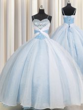  Spaghetti Straps Sleeveless Ball Gown Prom Dress Floor Length Beading and Ruching Light Blue Organza