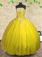  Strapless Sleeveless Lace Up Sweet 16 Dress Yellow Tulle