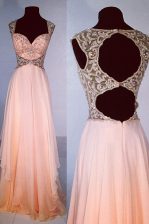 Modest Peach Zipper V-neck Beading Evening Dress Chiffon Sleeveless