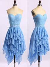  Sleeveless Chiffon Asymmetrical Zipper Prom Evening Gown in Blue with Beading and Ruffles